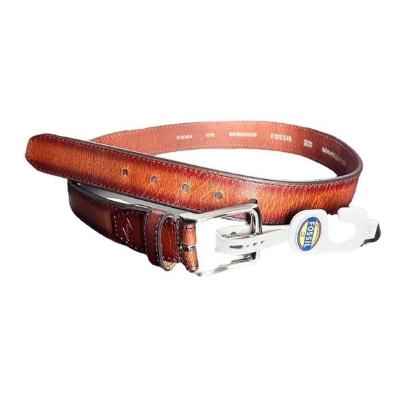 Fossil Other - NEW Fossil Griffin Cognac Brown Leather Belt Silver Buckle 1.3” Mens 32